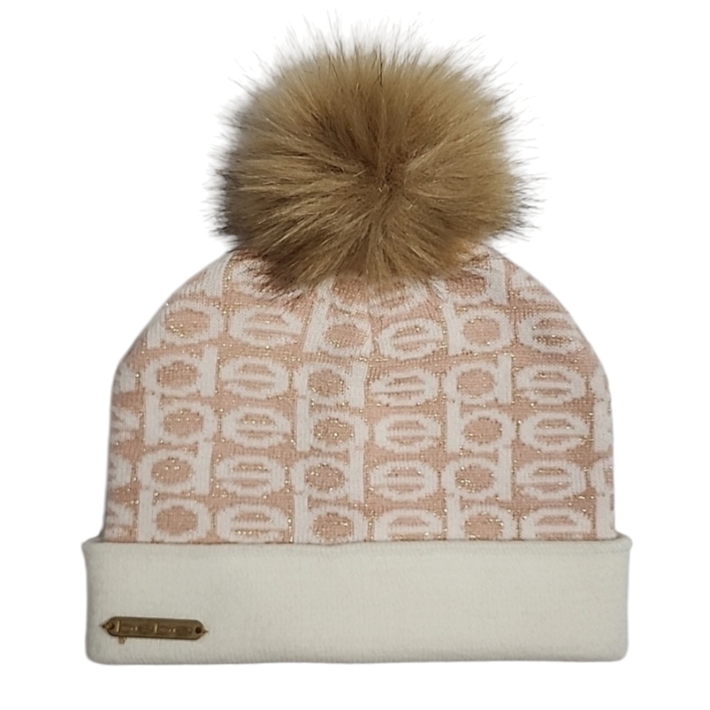 Bebe Winter Hat Pom Ski Pink/Cream Cap with Gold‎ Detailing One Size